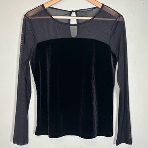 Harlowe & Graham Velvet and Mesh Long Sleeve Top-Black-Women XS